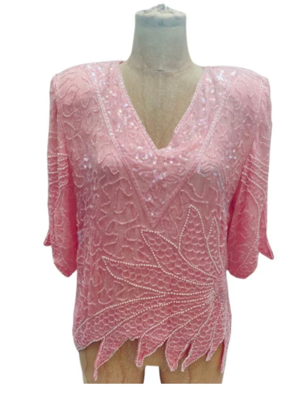 Deadstock Pastel Pink Sequined Art Deco Blouse And Skirt Set